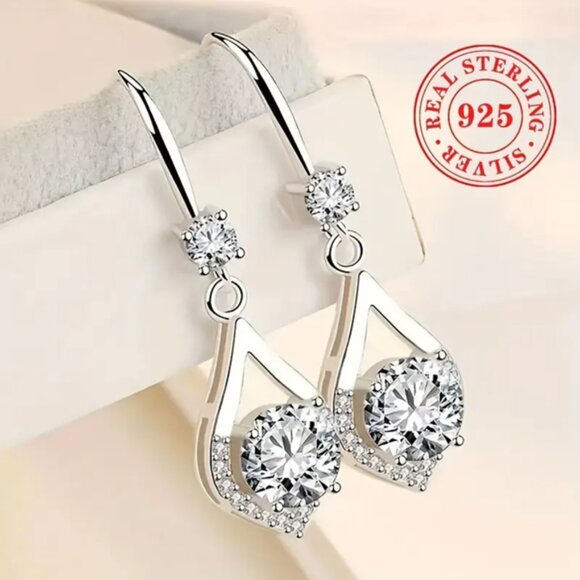 925 Stamped Sterling Silver Zircon Drop Earrings - Picture 1 of 5